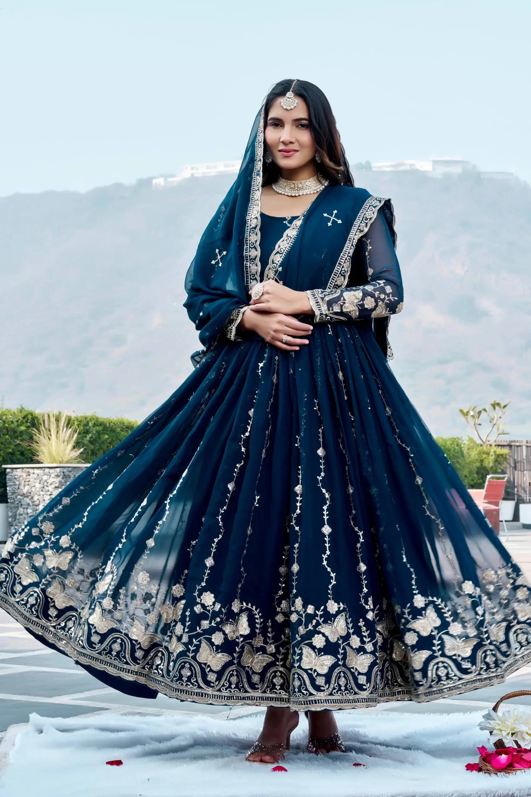 Designer Fox Georgette Embroidered Gown Set for Festive and Wedding Wear