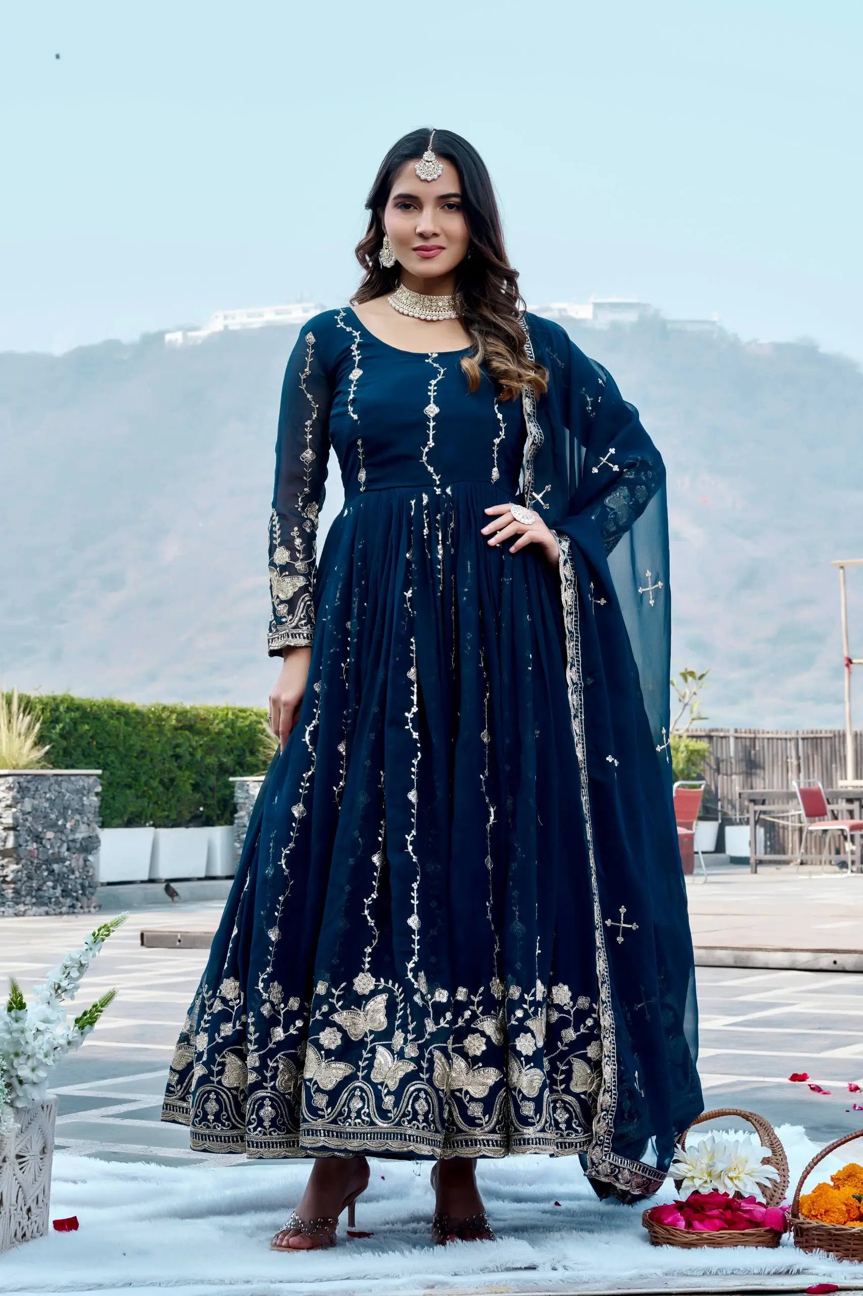 Designer Fox Georgette Embroidered Gown Set for Festive and Wedding Wear