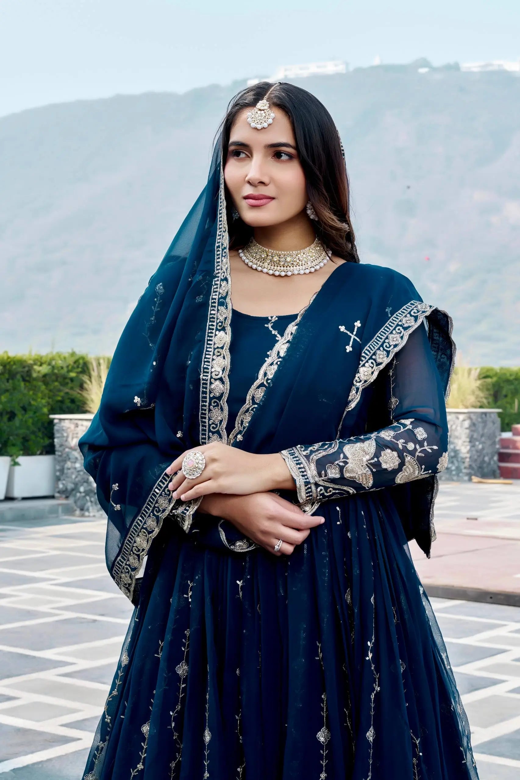 Designer Fox Georgette Embroidered Gown Set for Festive and Wedding Wear