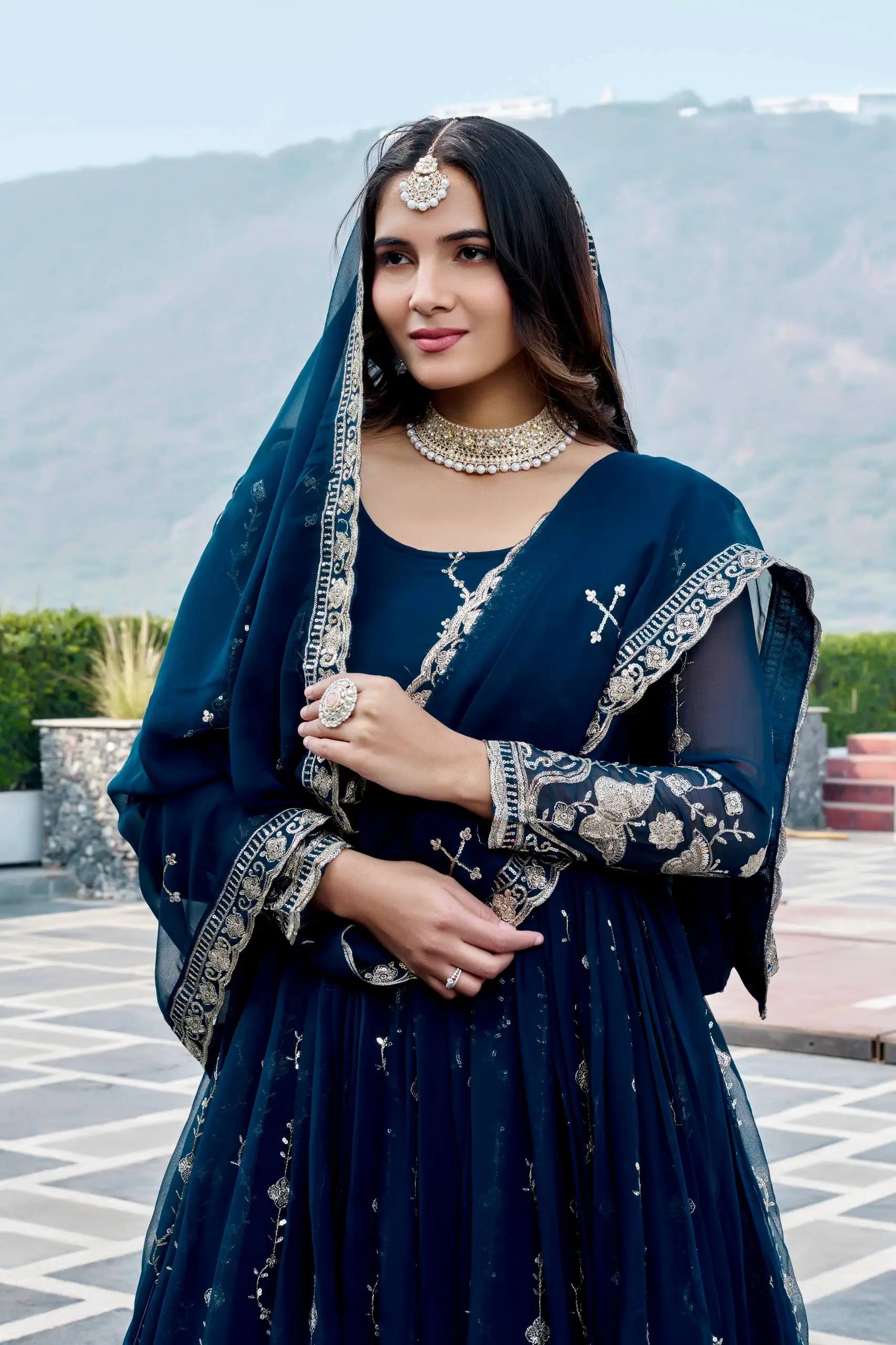 Designer Fox Georgette Embroidered Gown Set for Festive and Wedding Wear