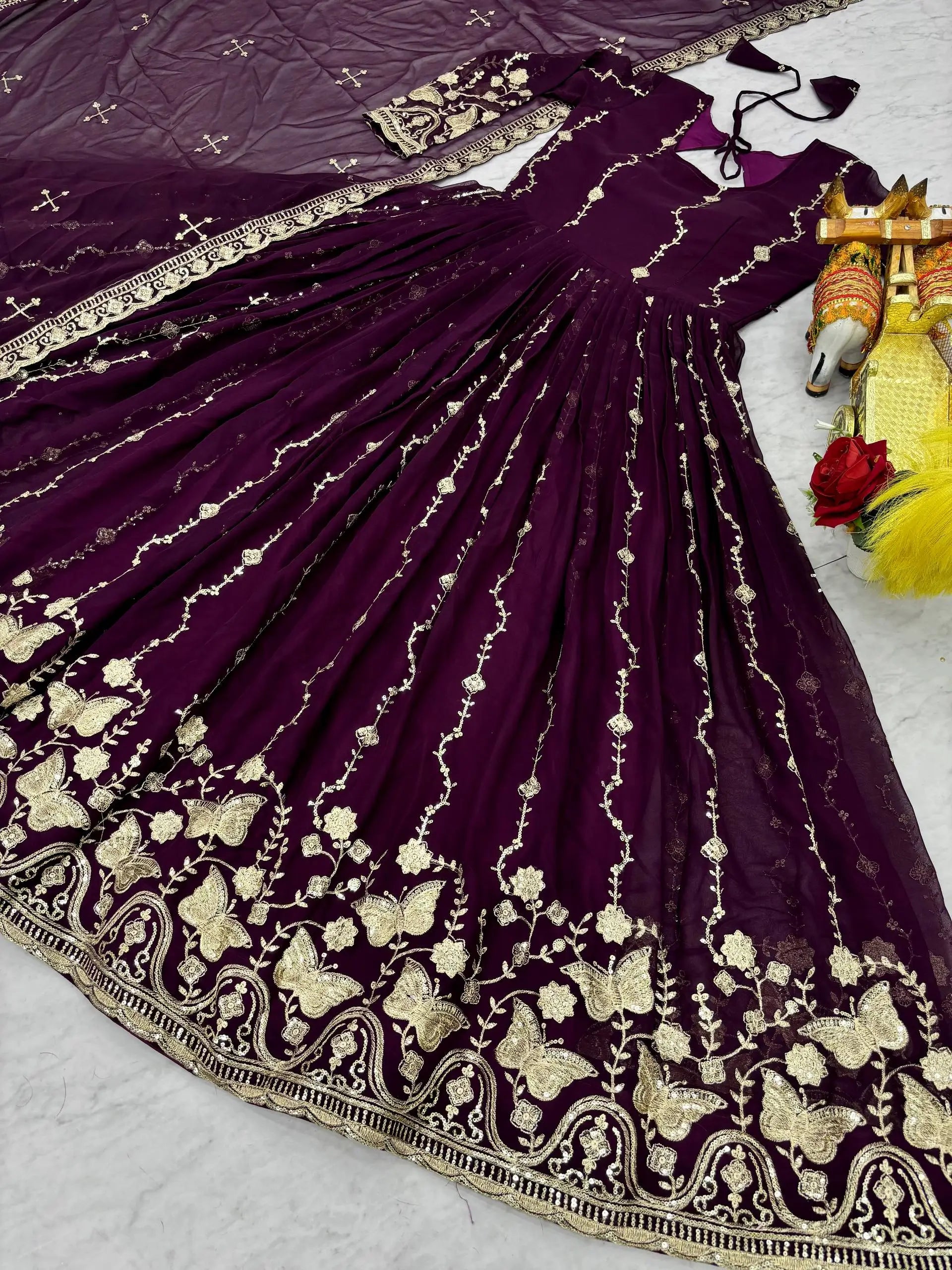 Designer Fox Georgette Embroidered Gown Set for Festive and Wedding Wear