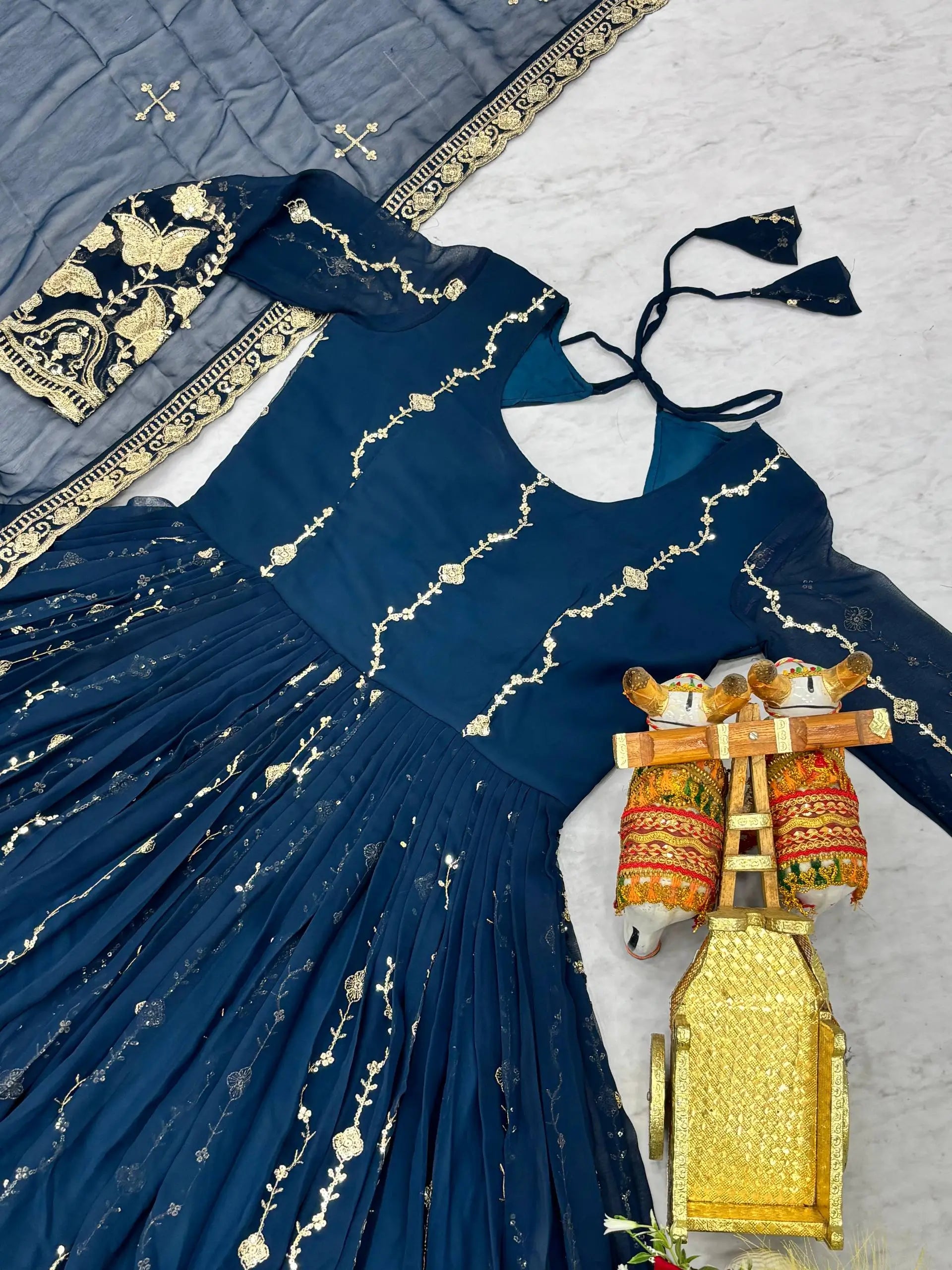 Designer Fox Georgette Embroidered Gown Set for Festive and Wedding Wear