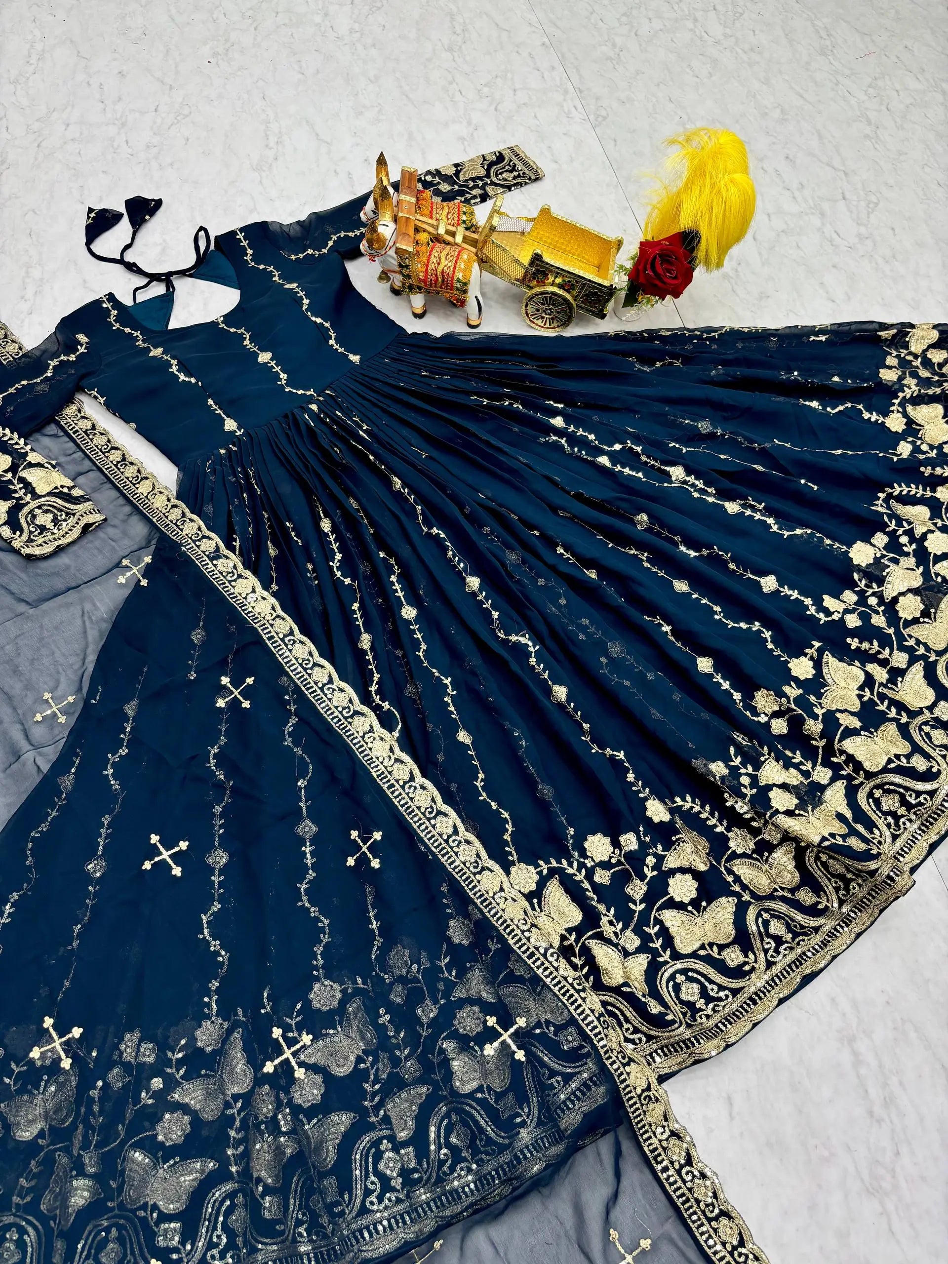 Designer Fox Georgette Embroidered Gown Set for Festive and Wedding Wear