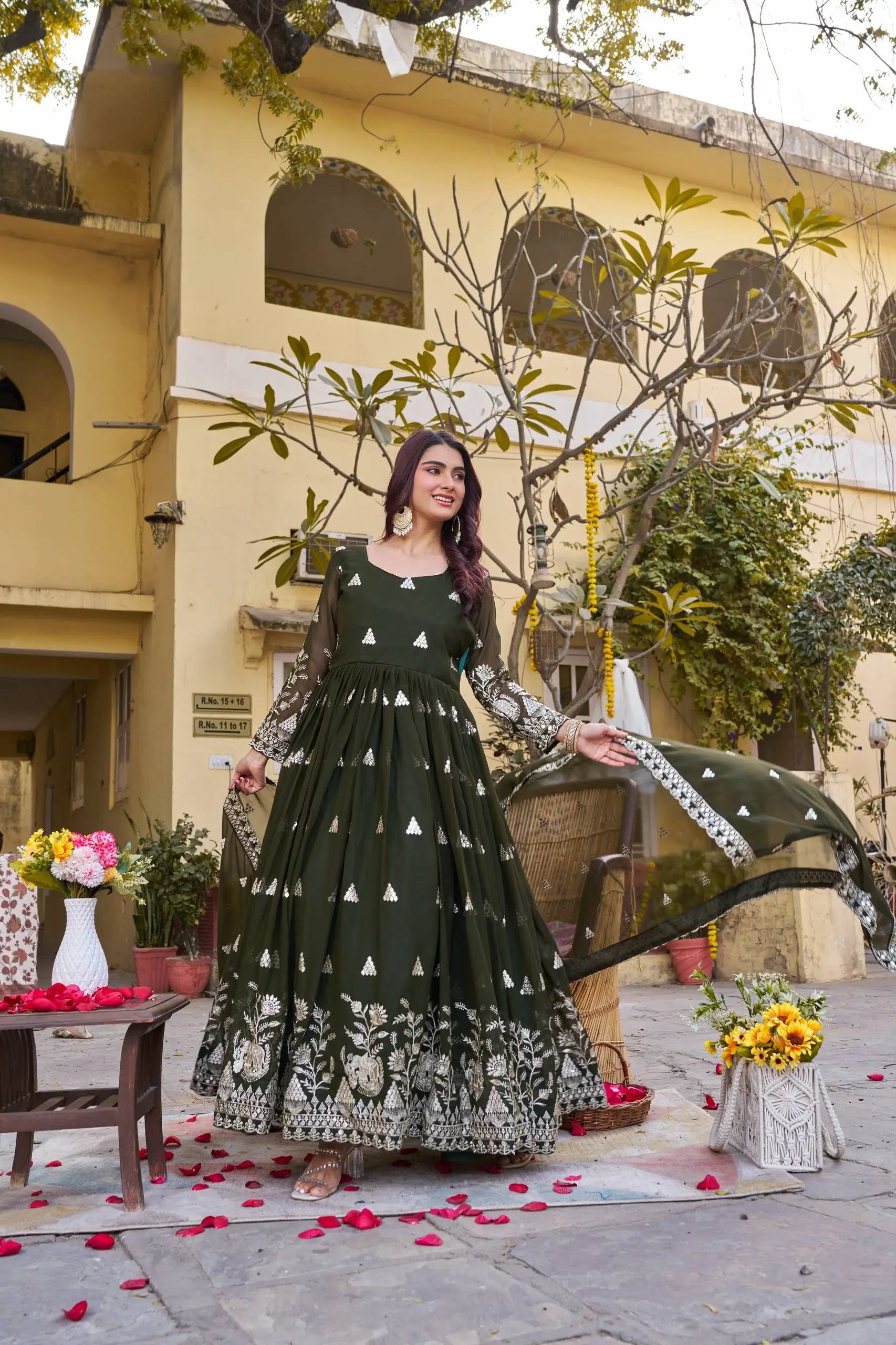 Designer Fox Georgette Embroidered Gown Set for Festive and Wedding Wear