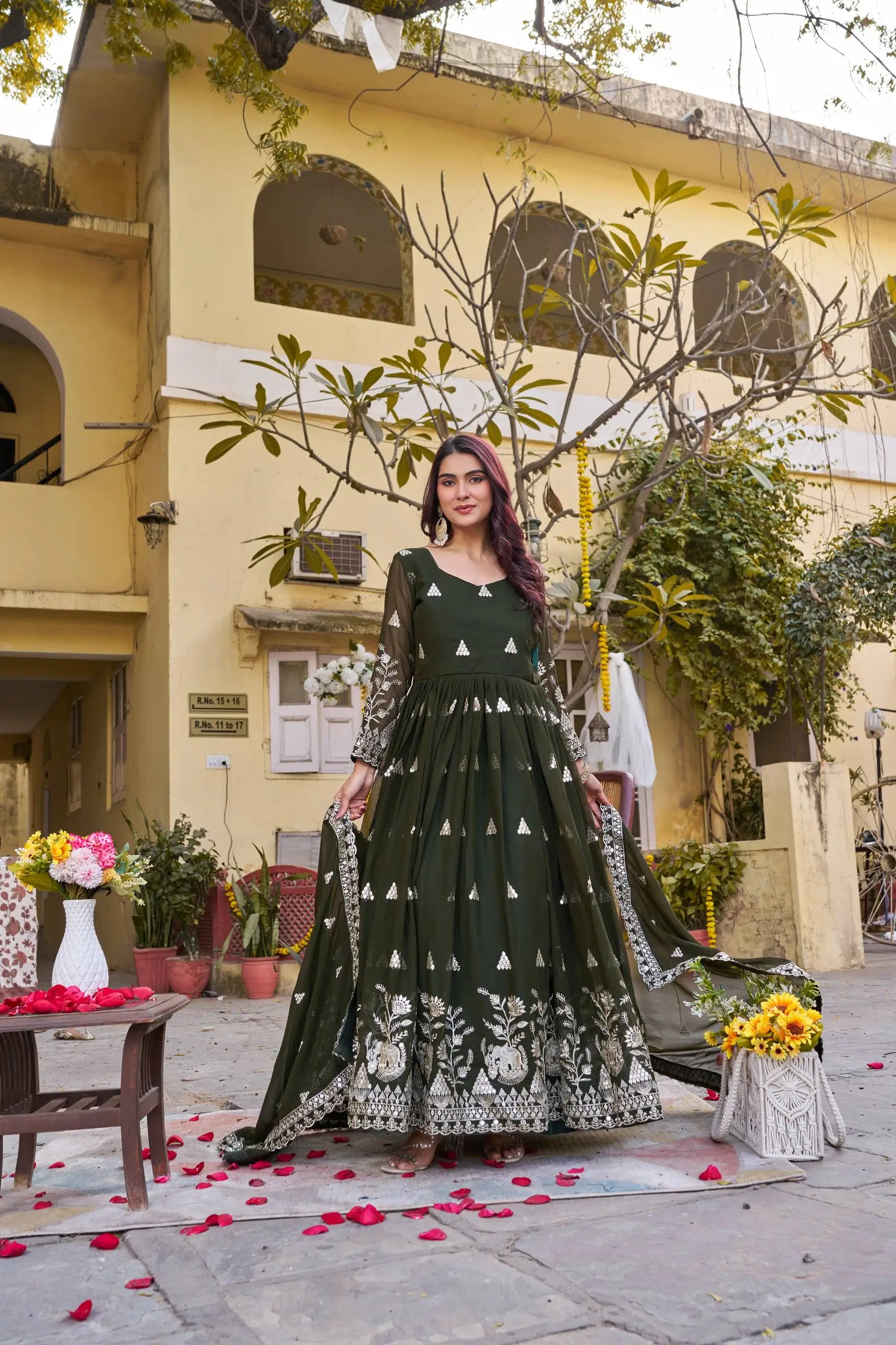 Designer Fox Georgette Embroidered Gown Set for Festive and Wedding Wear