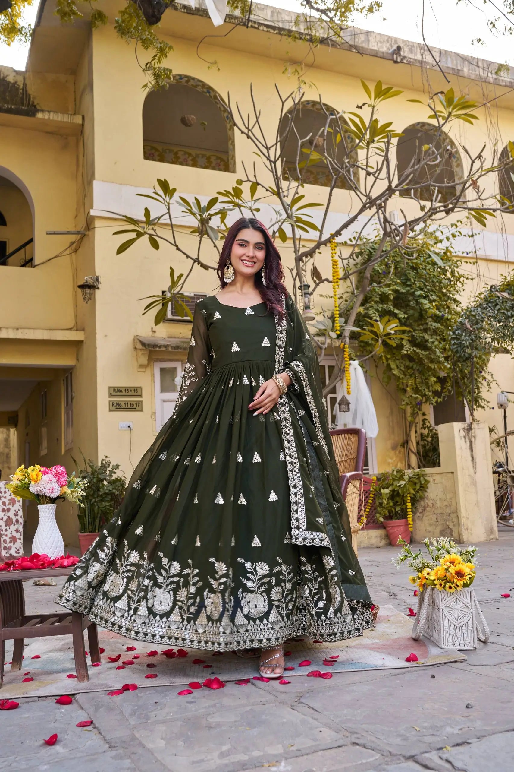 Designer Fox Georgette Embroidered Gown Set for Festive and Wedding Wear