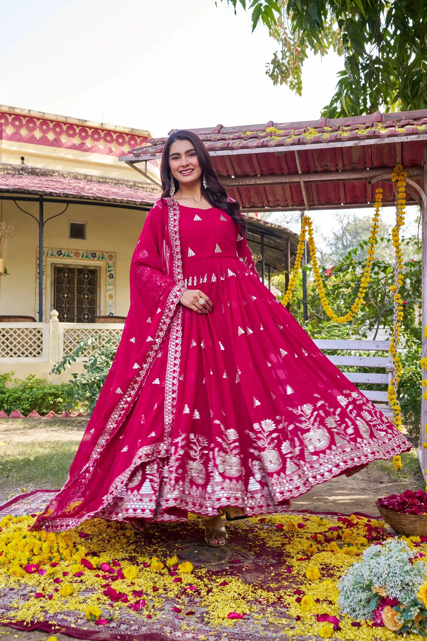 Designer Fox Georgette Embroidered Gown Set for Festive and Wedding Wear