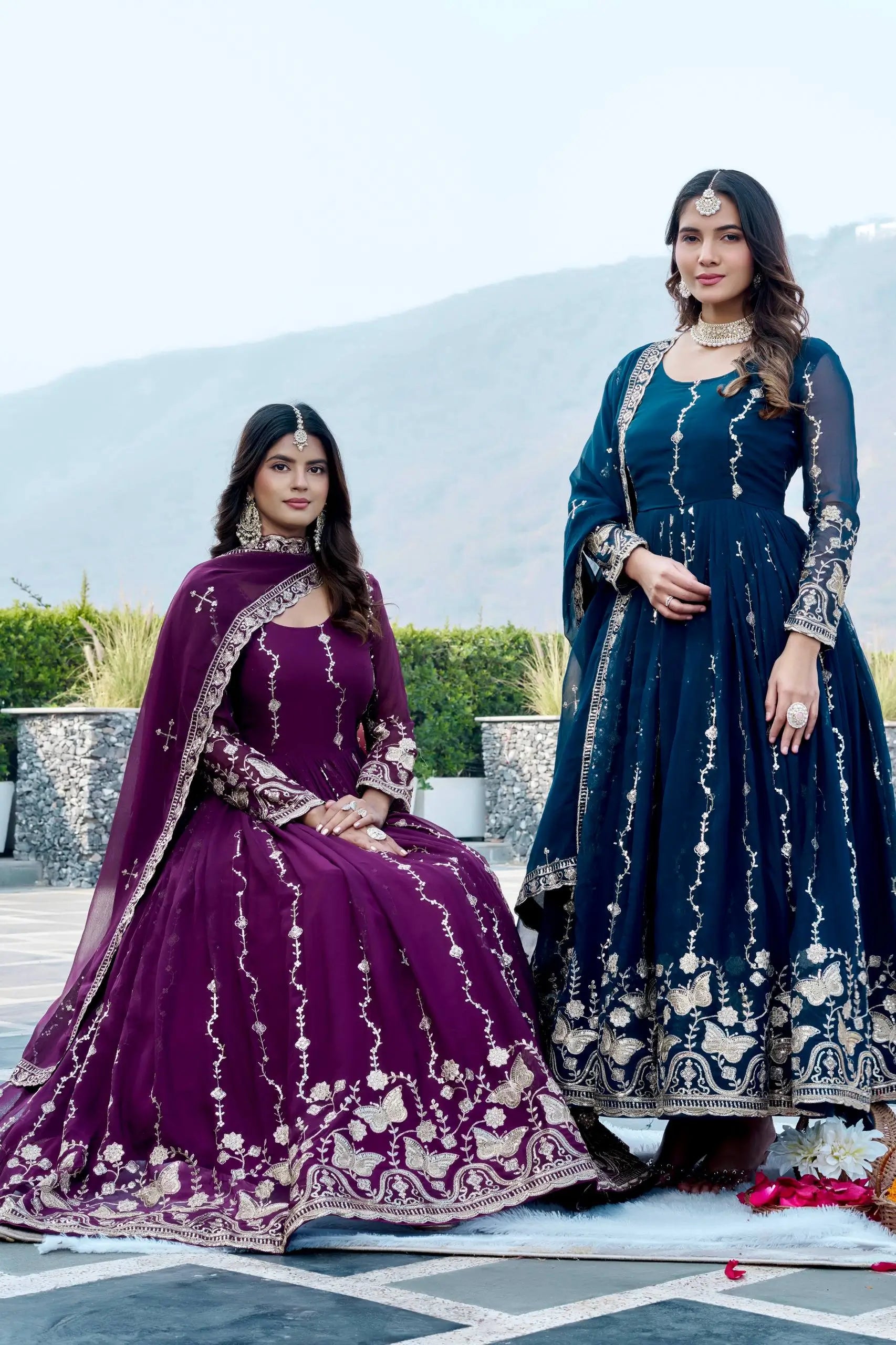 Designer Fox Georgette Embroidered Gown Set for Festive and Wedding Wear