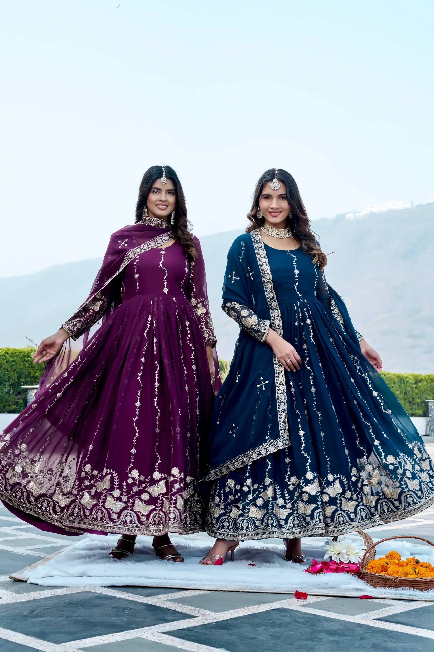Designer Fox Georgette Embroidered Gown Set for Festive and Wedding Wear