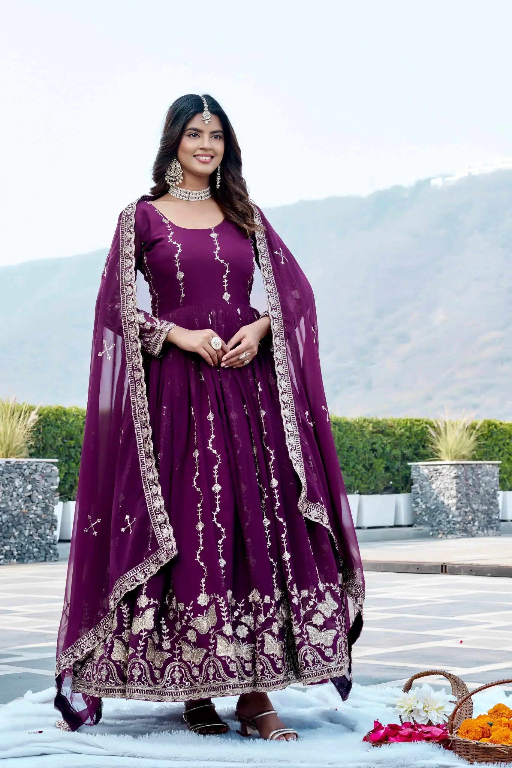 Designer Fox Georgette Embroidered Gown Set for Festive and Wedding Wear