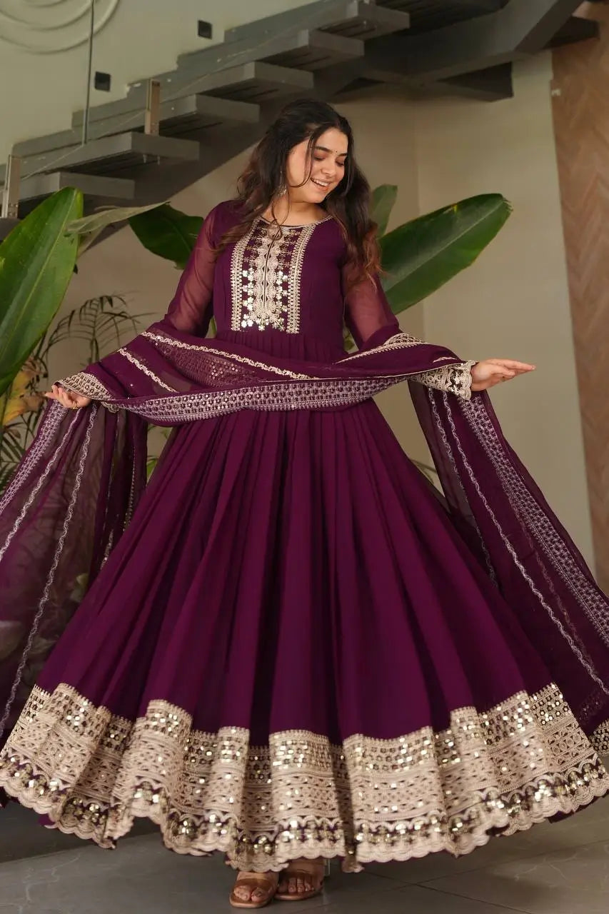 Designer Fox Georgette Embroidered Gown with Heavy Sequence Work & Dupatta – Wedding & Festive Wear