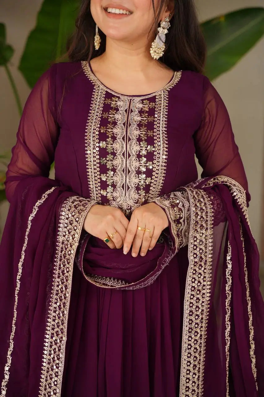 Designer Fox Georgette Embroidered Gown with Heavy Sequence Work & Dupatta – Wedding & Festive Wear