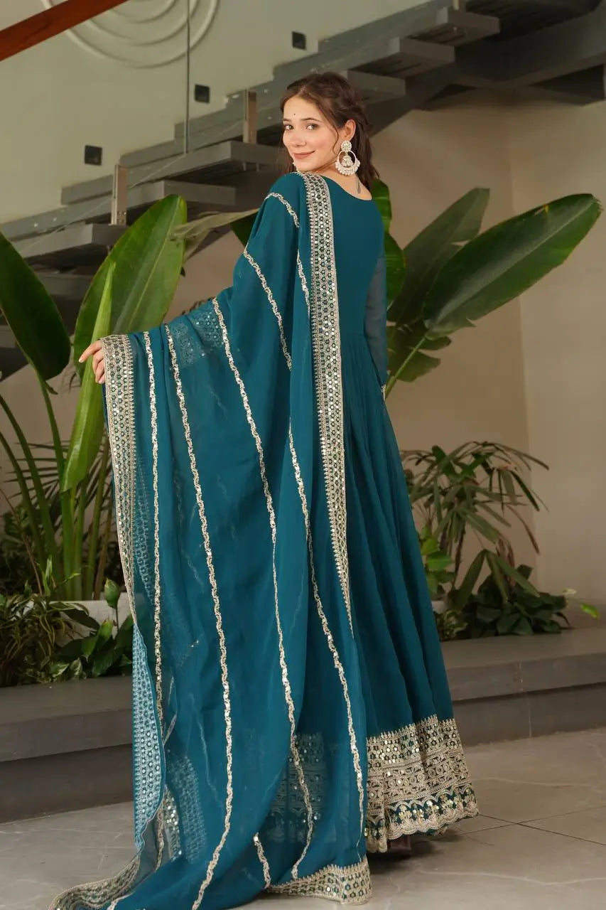 Designer Fox Georgette Embroidered Gown with Heavy Sequence Work & Dupatta – Wedding & Festive Wear
