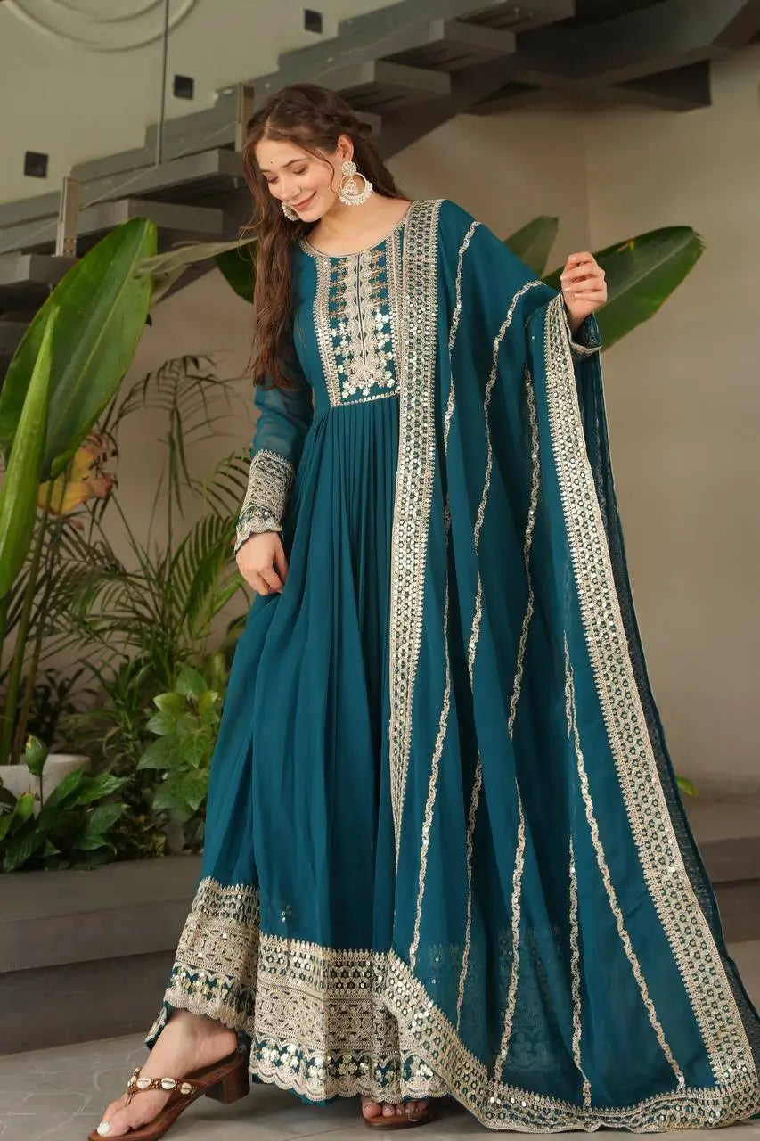 Designer Fox Georgette Embroidered Gown with Heavy Sequence Work & Dupatta – Wedding & Festive Wear