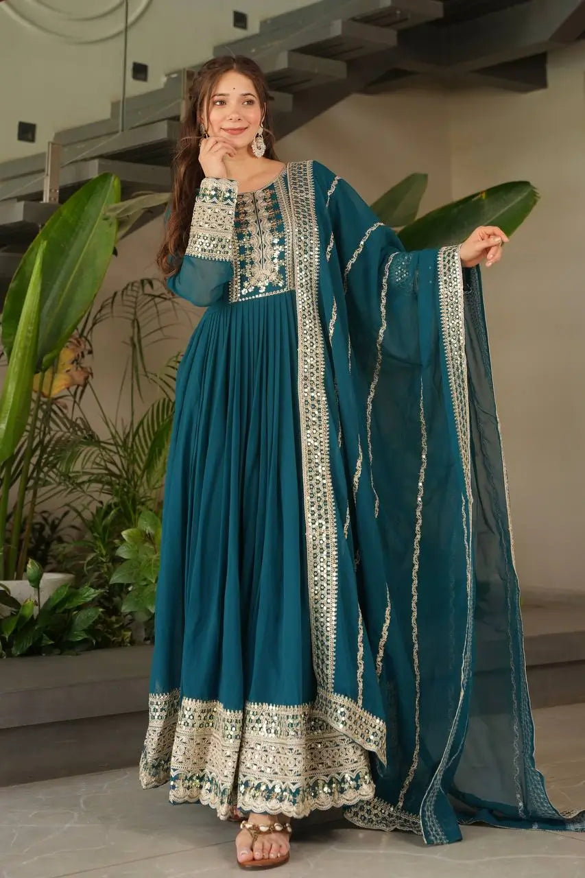 Designer Fox Georgette Embroidered Gown with Heavy Sequence Work & Dupatta – Wedding & Festive Wear