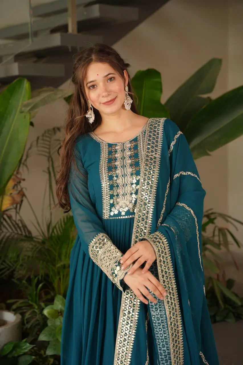 Designer Fox Georgette Embroidered Gown with Heavy Sequence Work & Dupatta – Wedding & Festive Wear