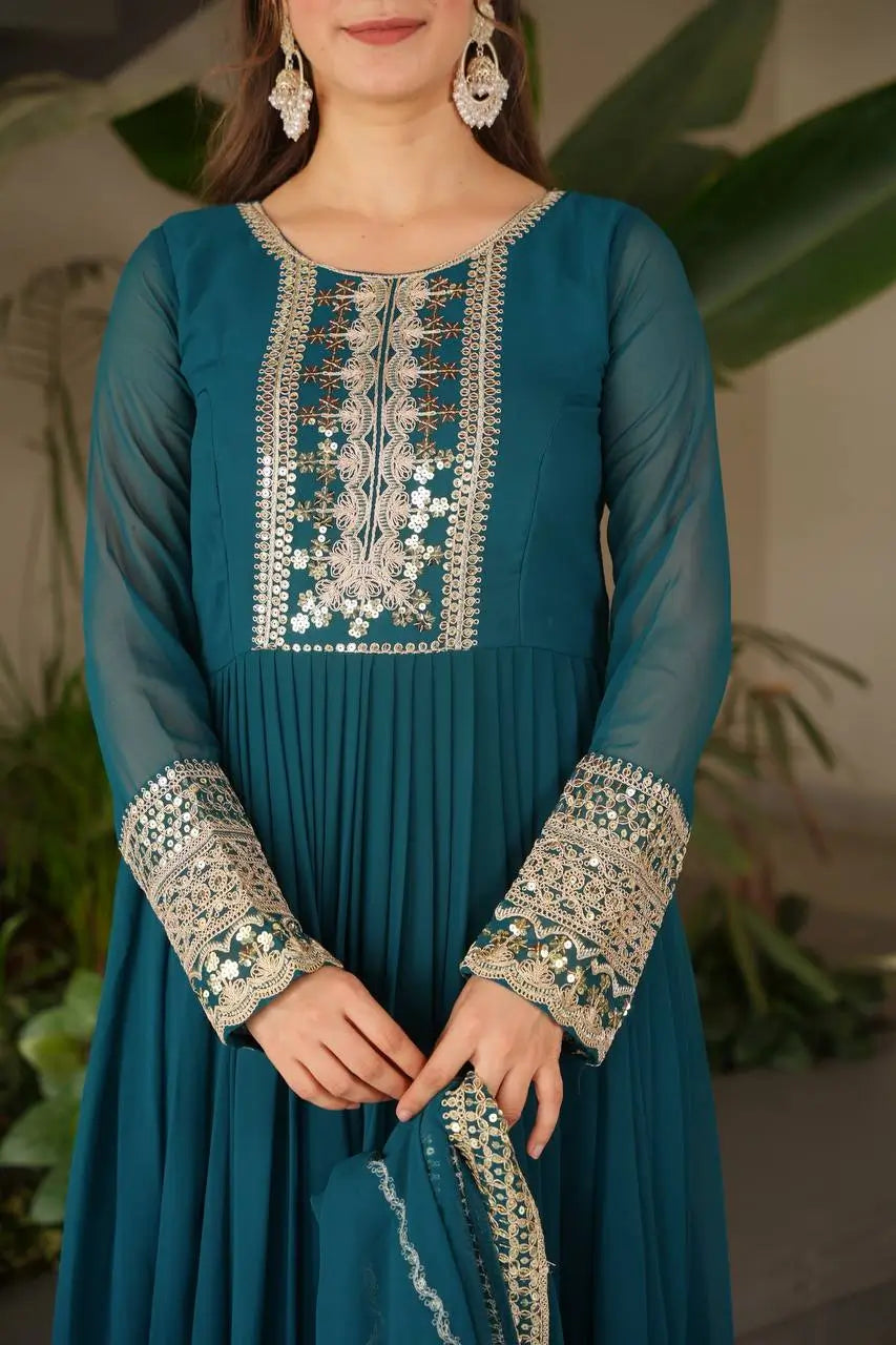 Designer Fox Georgette Embroidered Gown with Heavy Sequence Work & Dupatta – Wedding & Festive Wear