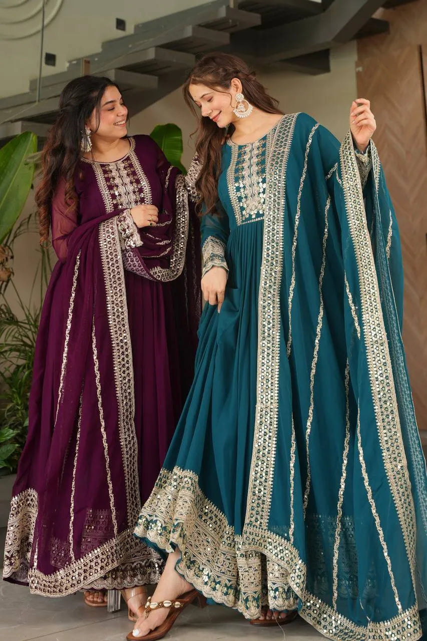 Designer Fox Georgette Embroidered Gown with Heavy Sequence Work & Dupatta – Wedding & Festive Wear