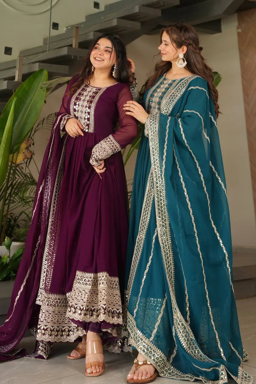 Designer Fox Georgette Embroidered Gown with Heavy Sequence Work & Dupatta – Wedding & Festive Wear
