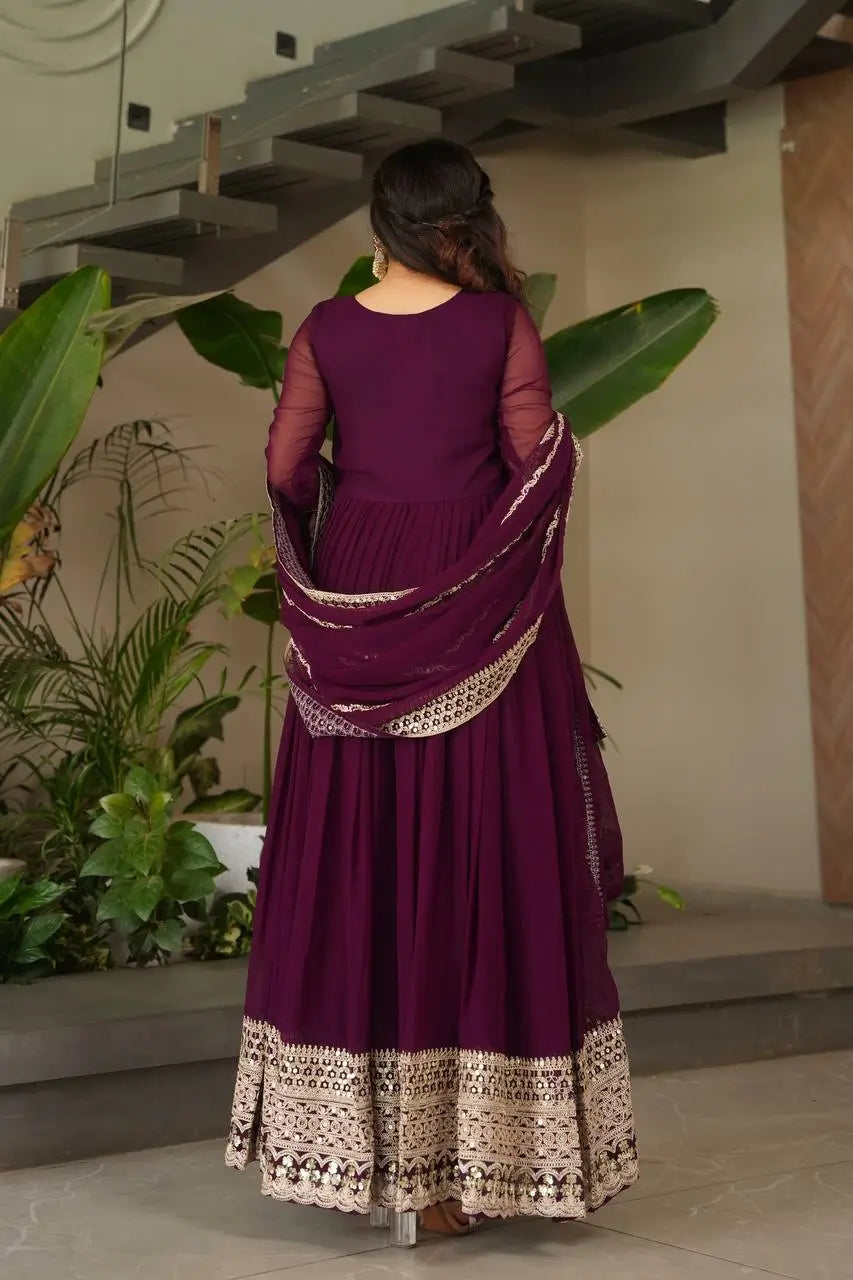 Designer Fox Georgette Embroidered Gown with Heavy Sequence Work & Dupatta – Wedding & Festive Wear