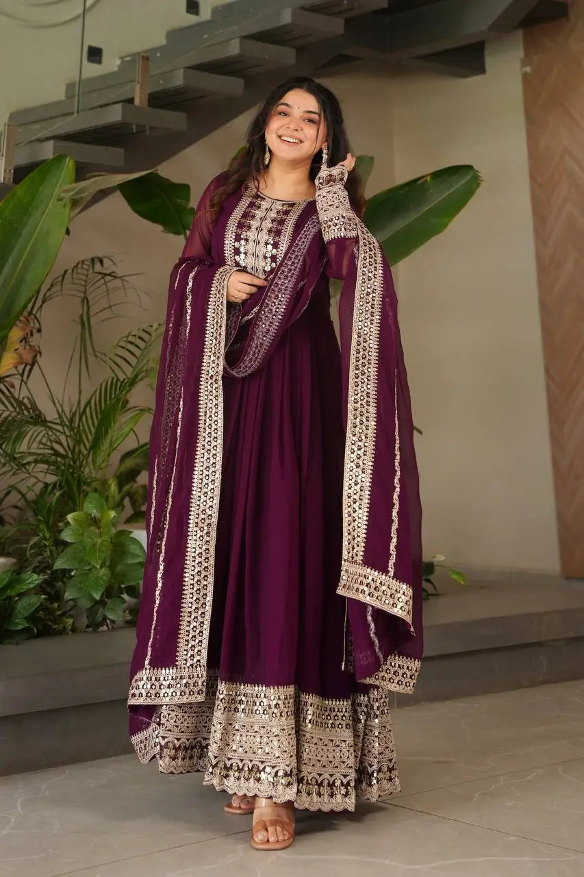 Designer Fox Georgette Embroidered Gown with Heavy Sequence Work & Dupatta – Wedding & Festive Wear