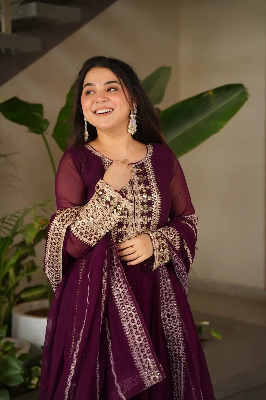 Designer Fox Georgette Embroidered Gown with Heavy Sequence Work & Dupatta – Wedding & Festive Wear