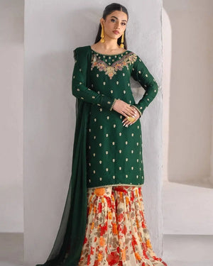Designer Fox Georgette Embroidered Sharara Suit with Printed Bottom