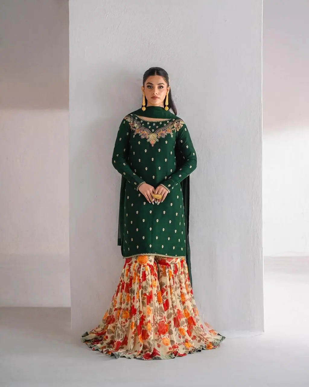 Designer Fox Georgette Embroidered Sharara Suit with Printed Bottom