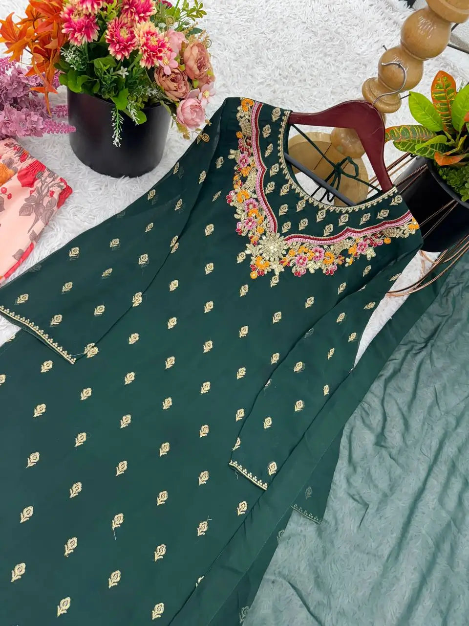 Designer Fox Georgette Embroidered Sharara Suit with Printed Bottom