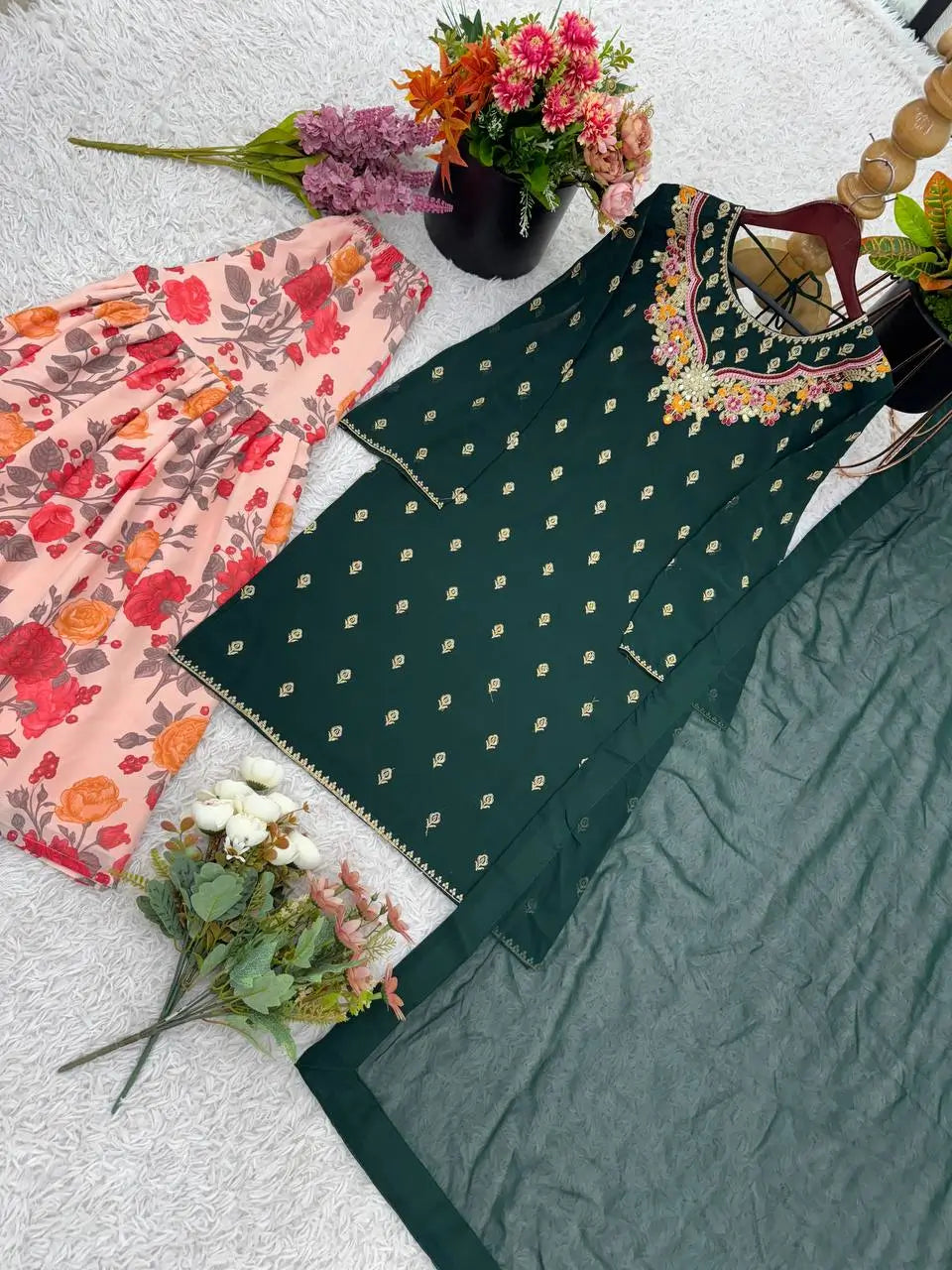 Designer Fox Georgette Embroidered Sharara Suit with Printed Bottom