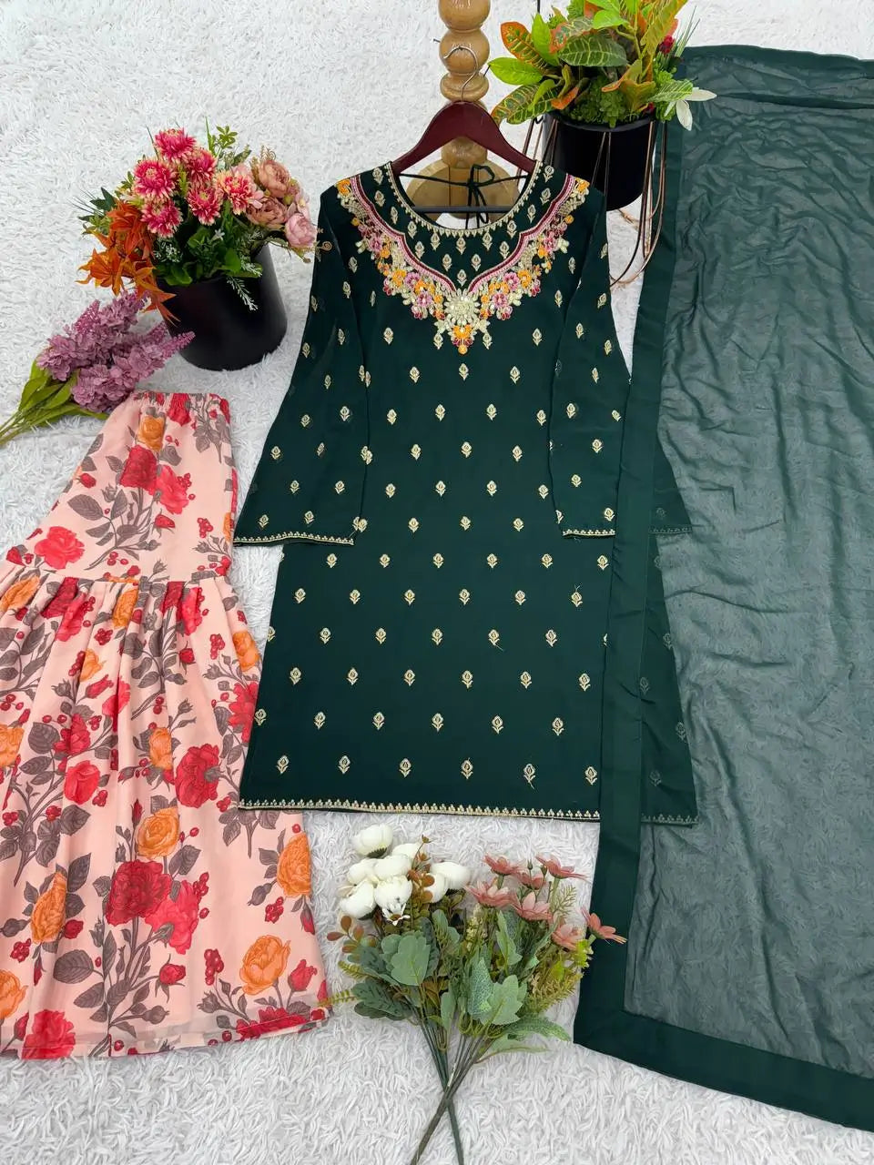 Designer Fox Georgette Embroidered Sharara Suit with Printed Bottom