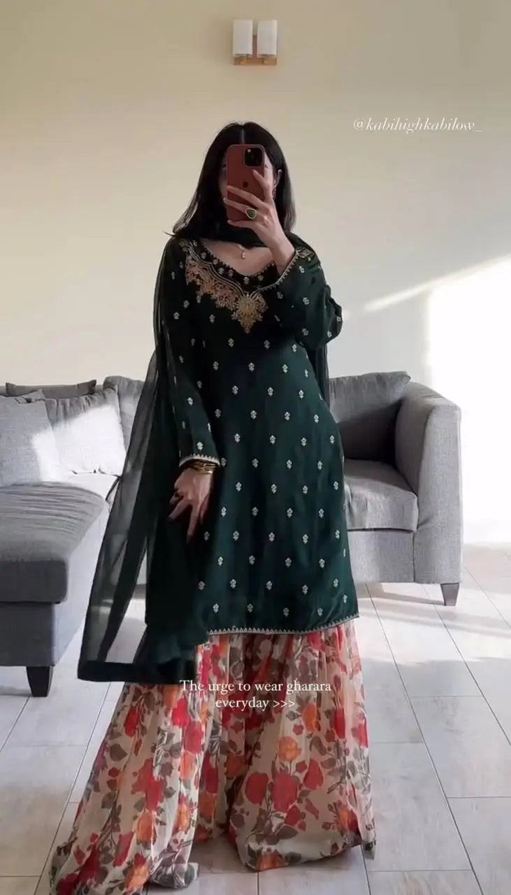 Designer Fox Georgette Embroidered Sharara Suit with Printed Bottom