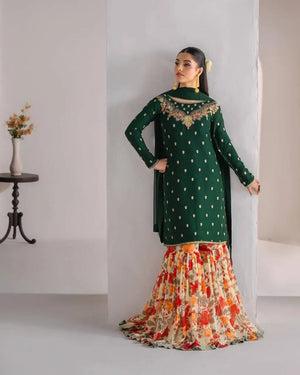 Designer Fox Georgette Embroidered Sharara Suit with Printed Bottom