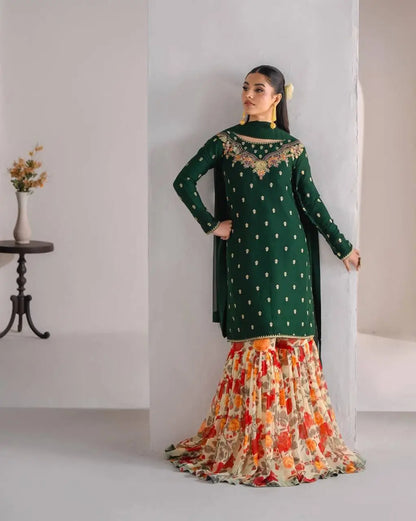 Designer Fox Georgette Embroidered Sharara Suit with Printed Bottom