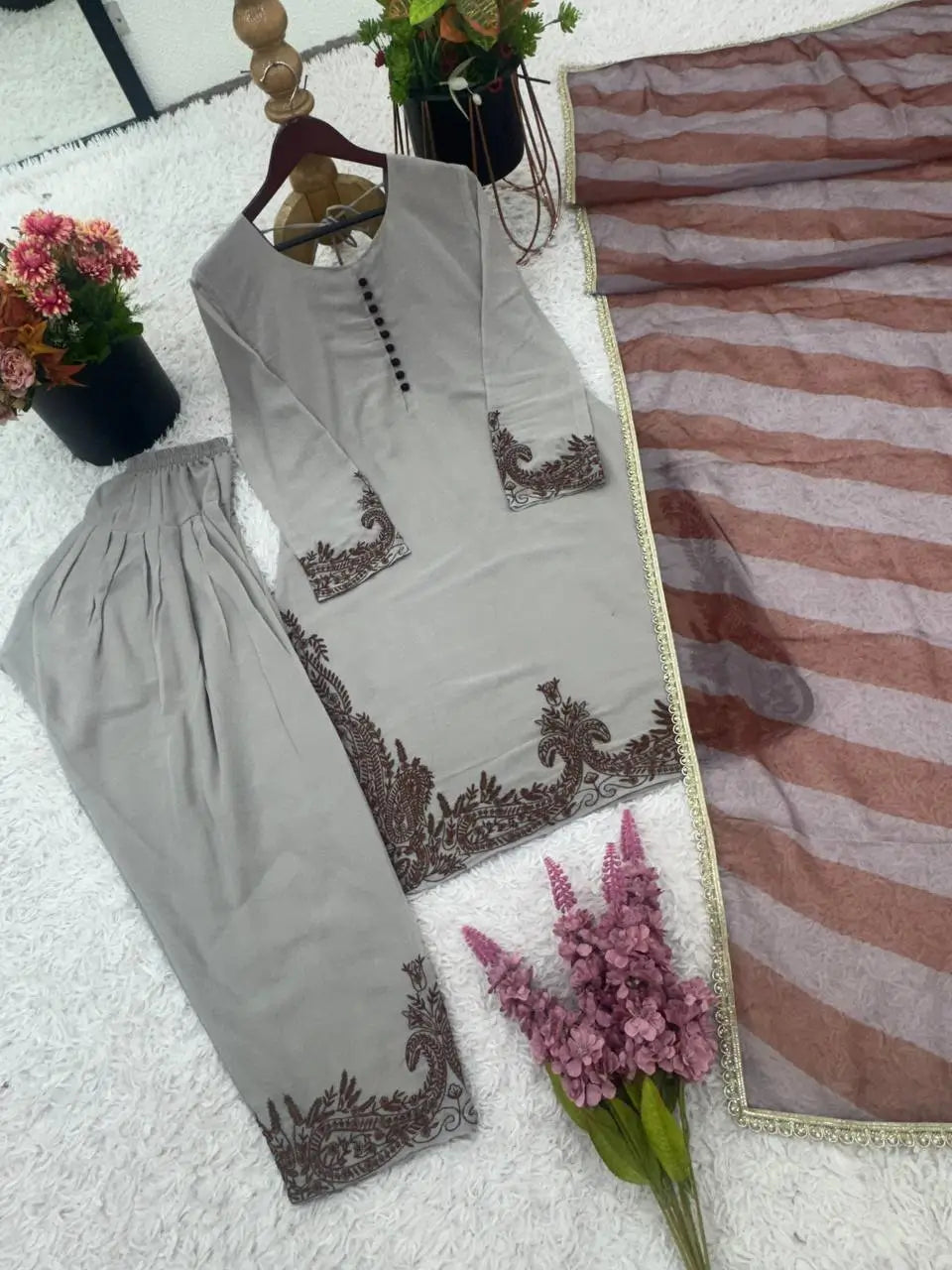 Designer Fox Georgette Embroidered Suit Set with Farshi Pant