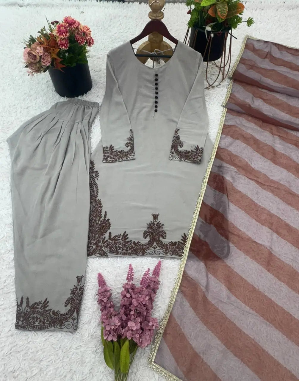 Designer Fox Georgette Embroidered Suit Set with Farshi Pant