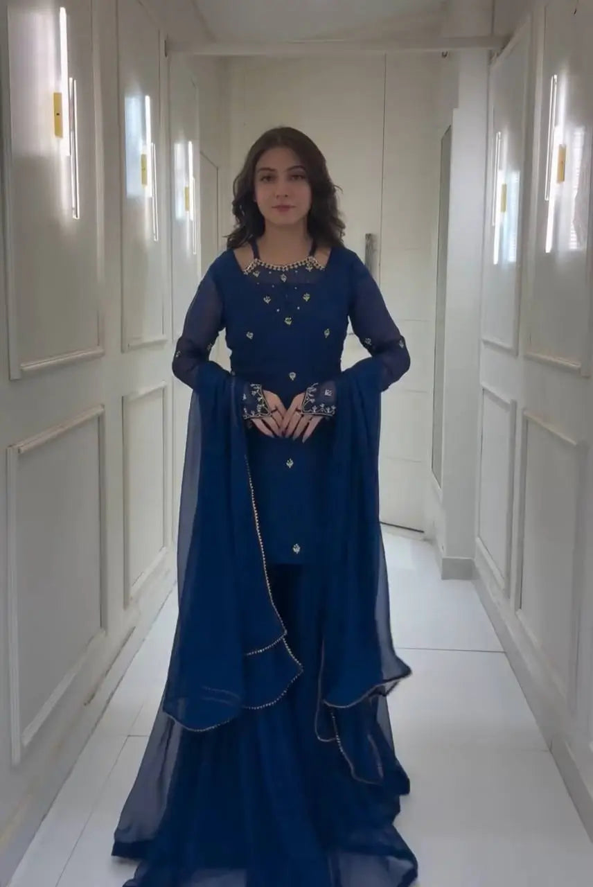 Designer Fox Georgette Palazzo Suit with Embroidery Sequin Work & Dupatta | Fully Stitched