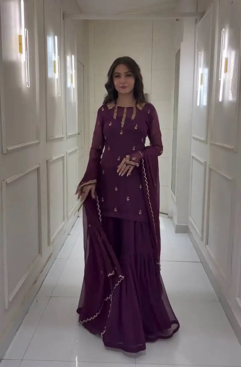 Designer Fox Georgette Palazzo Suit with Embroidery Sequin Work & Dupatta | Fully Stitched