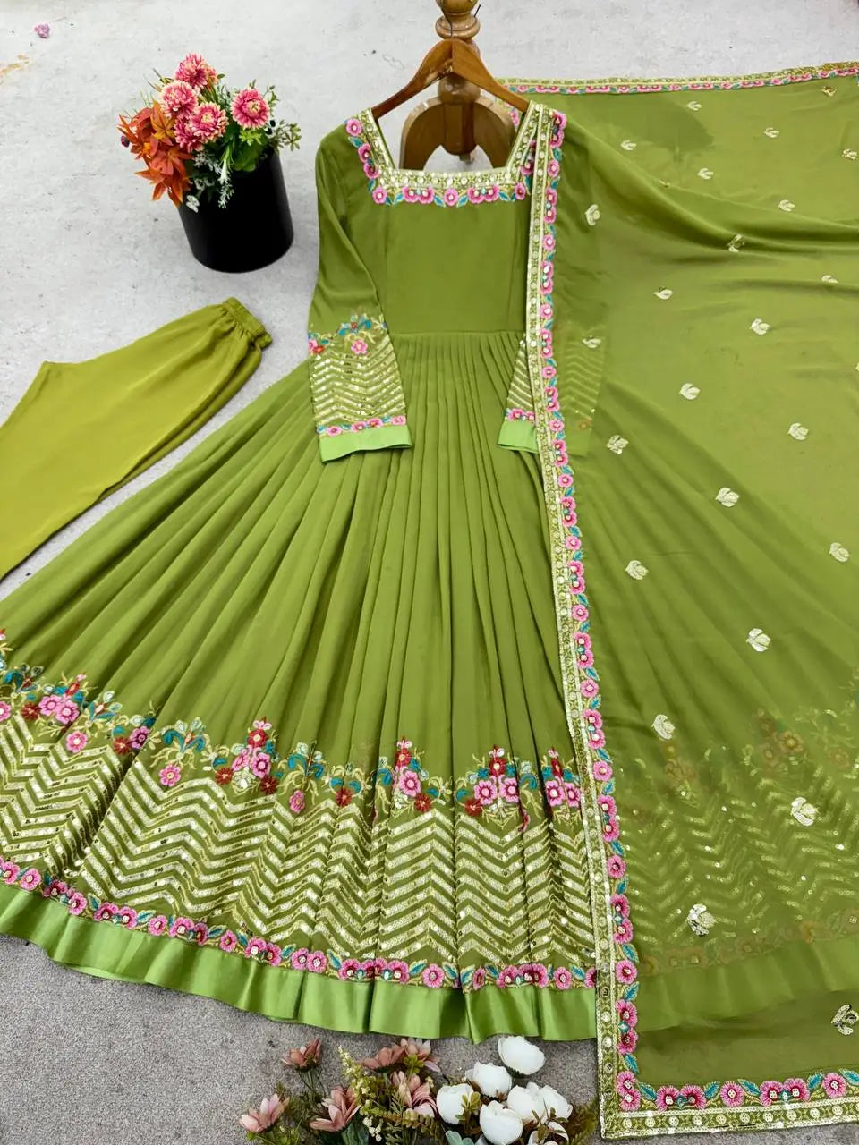 Designer Georgette Embroidered Gown Set