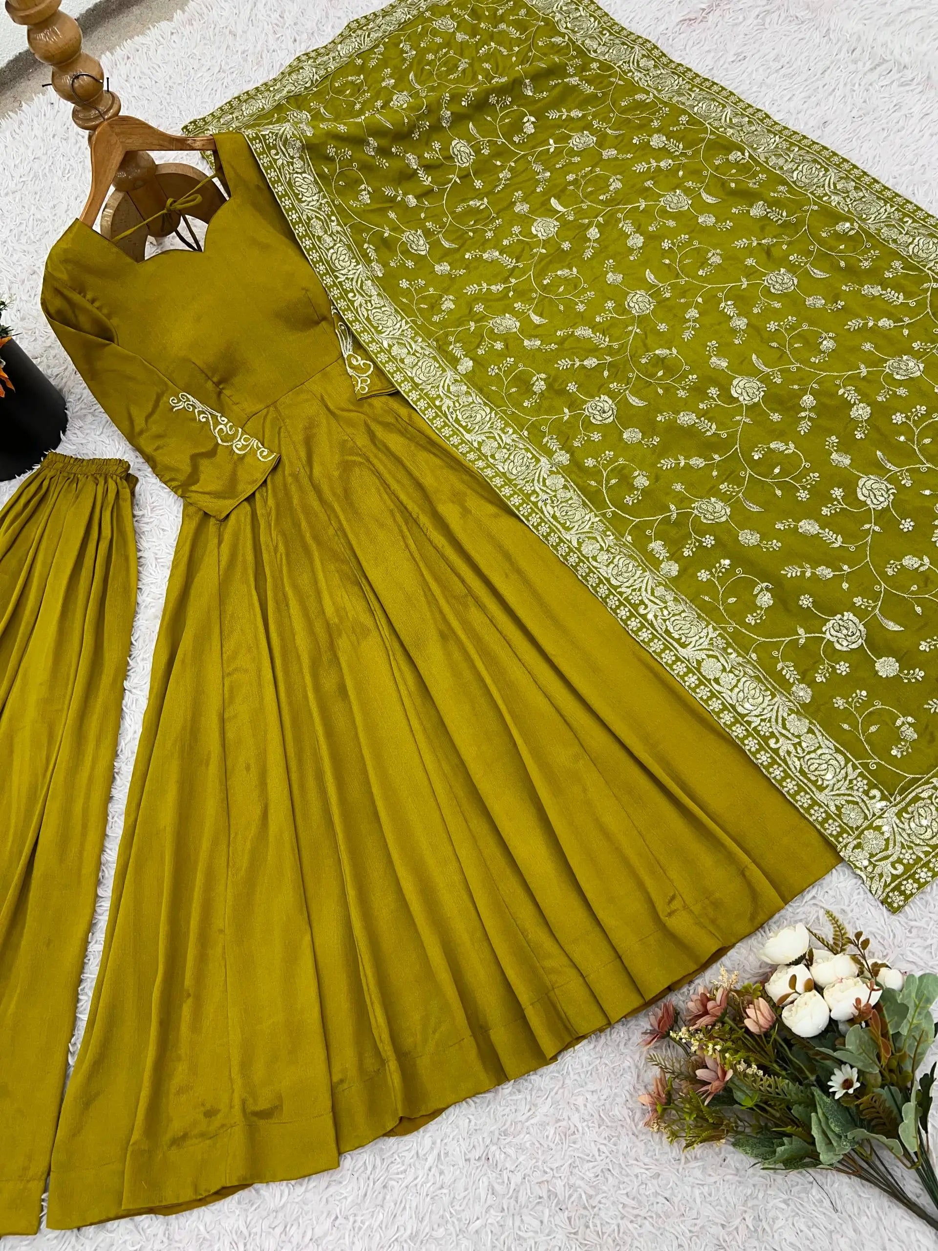 Designer German Chiffon Embroidered Gown Set with Dupatta