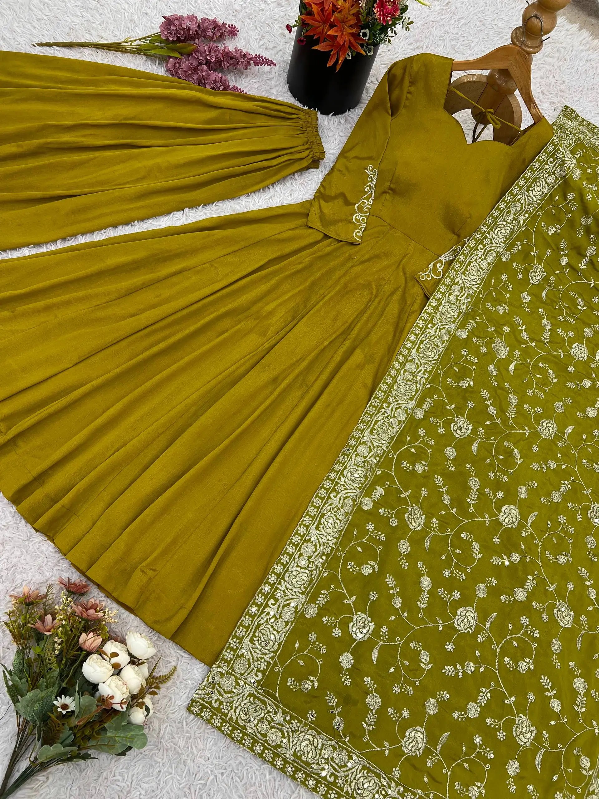 Designer German Chiffon Embroidered Gown Set with Dupatta