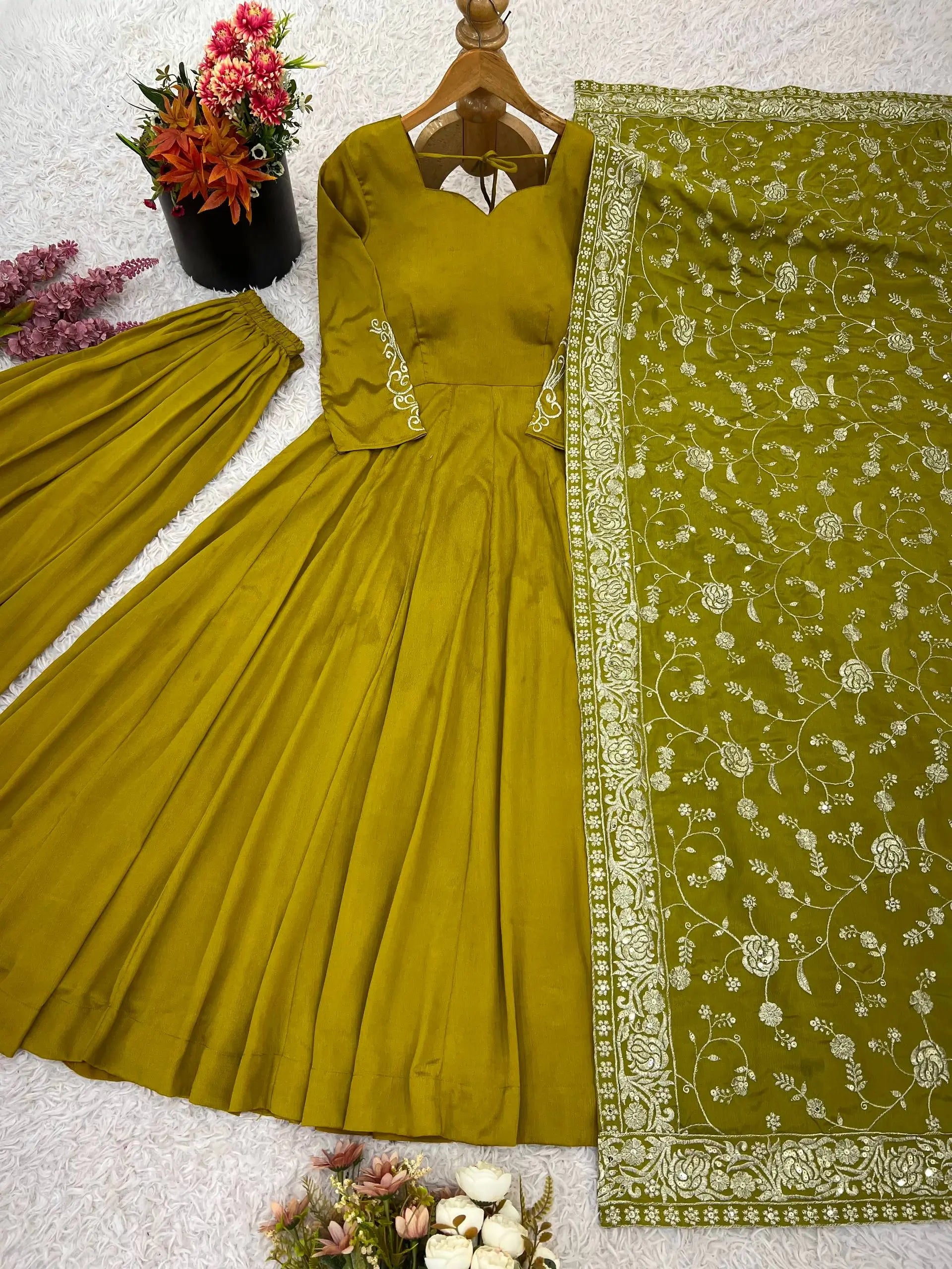 Designer German Chiffon Embroidered Gown Set with Dupatta