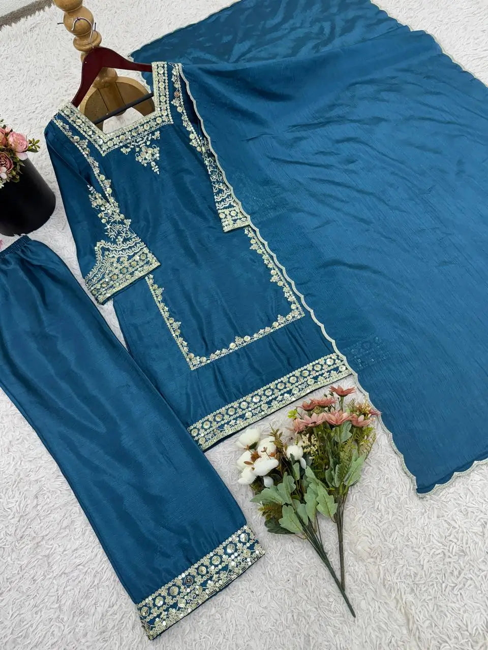 Designer German Chiffon Embroidered Palazzo Suit Set