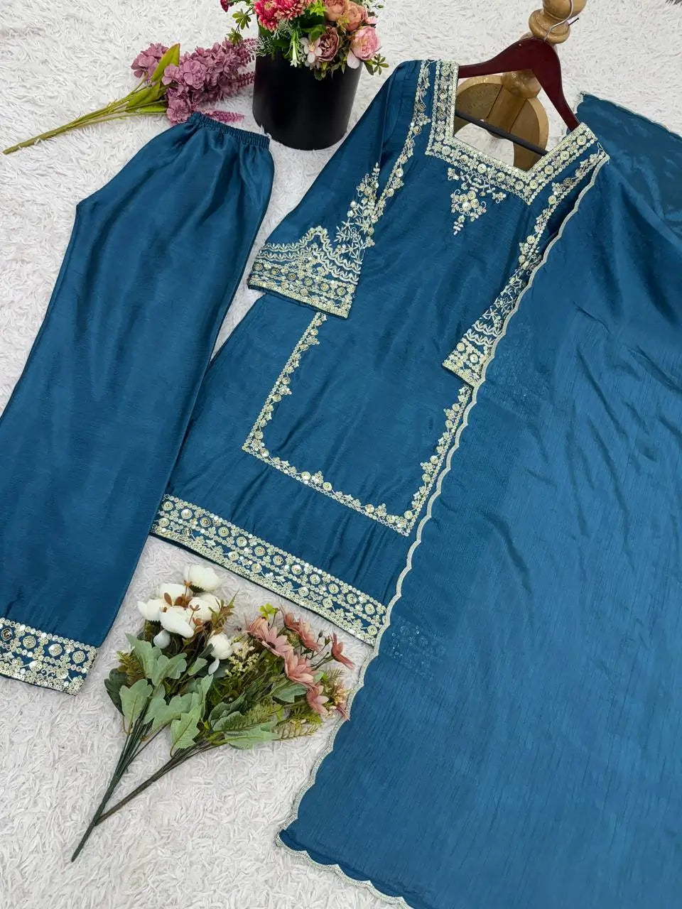 Designer German Chiffon Embroidered Palazzo Suit Set