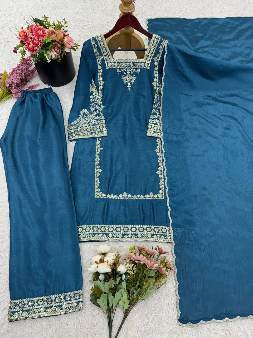 Designer German Chiffon Embroidered Palazzo Suit Set