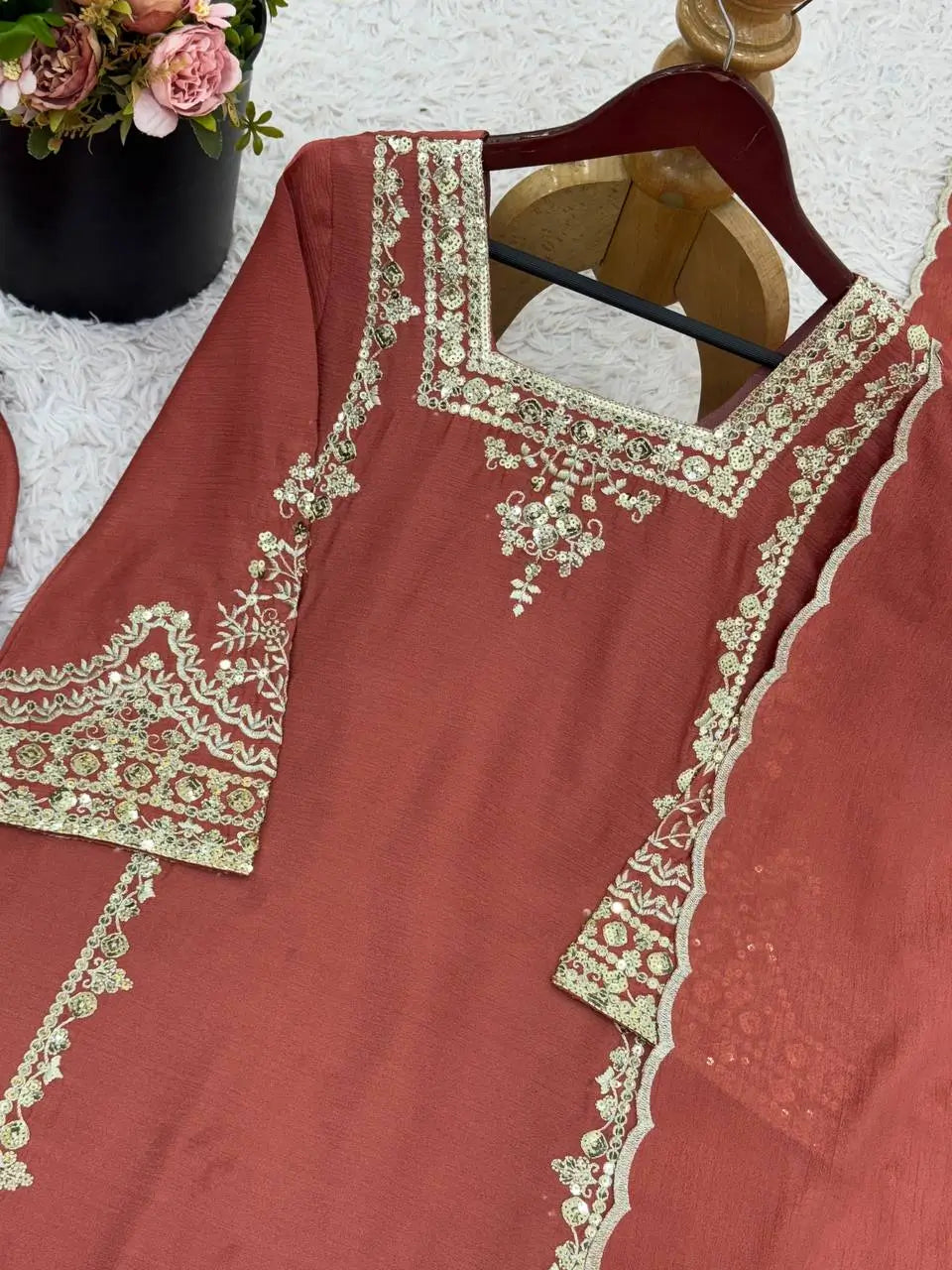 Designer German Chiffon Embroidered Palazzo Suit Set
