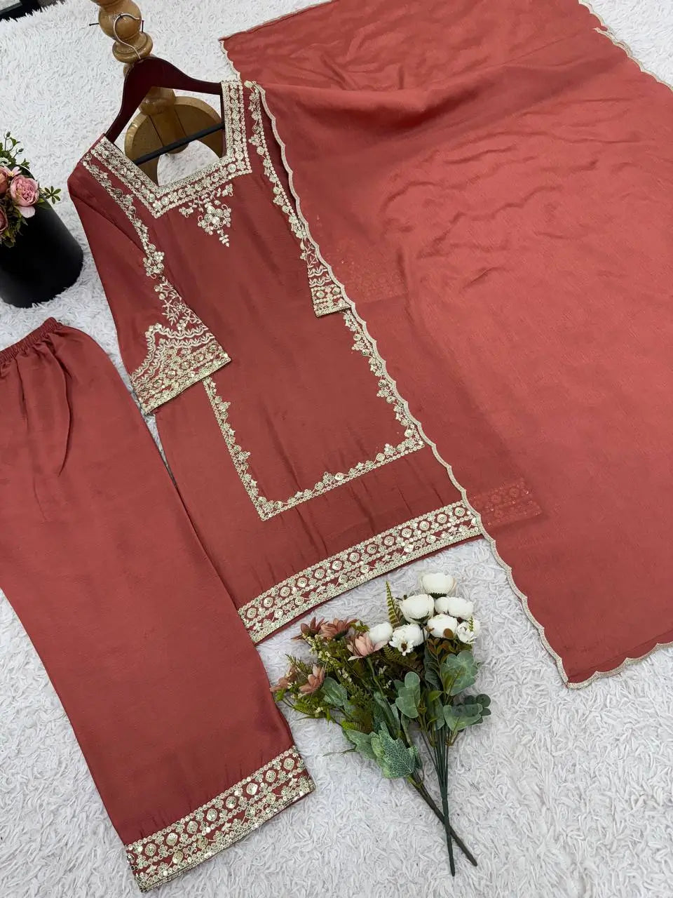 Designer German Chiffon Embroidered Palazzo Suit Set