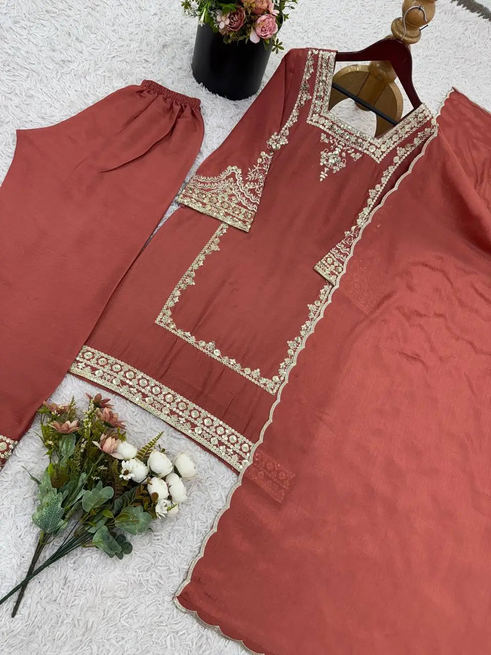 Designer German Chiffon Embroidered Palazzo Suit Set