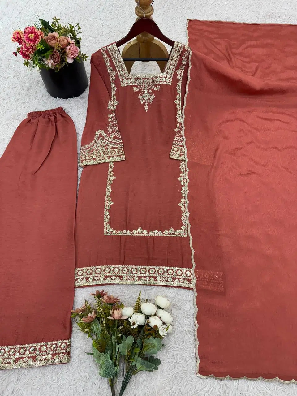 Designer German Chiffon Embroidered Palazzo Suit Set