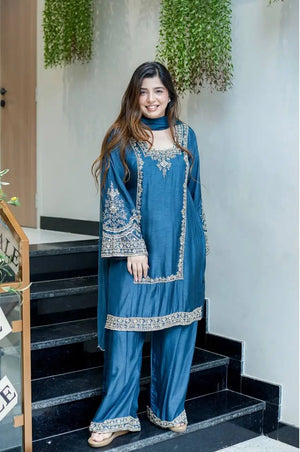 Designer German Chiffon Embroidered Palazzo Suit Set